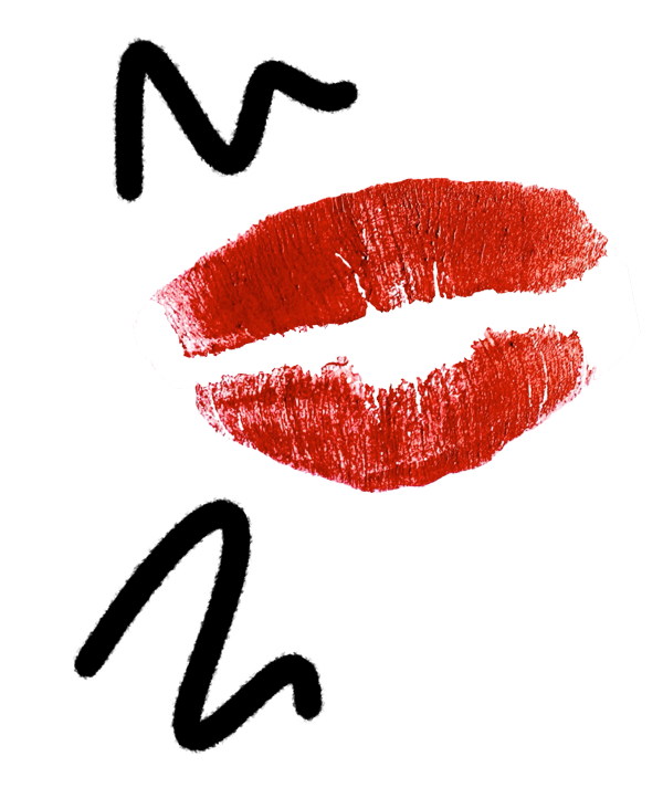 Graphic of red lipstick kisses forming a heart shape on a black background.