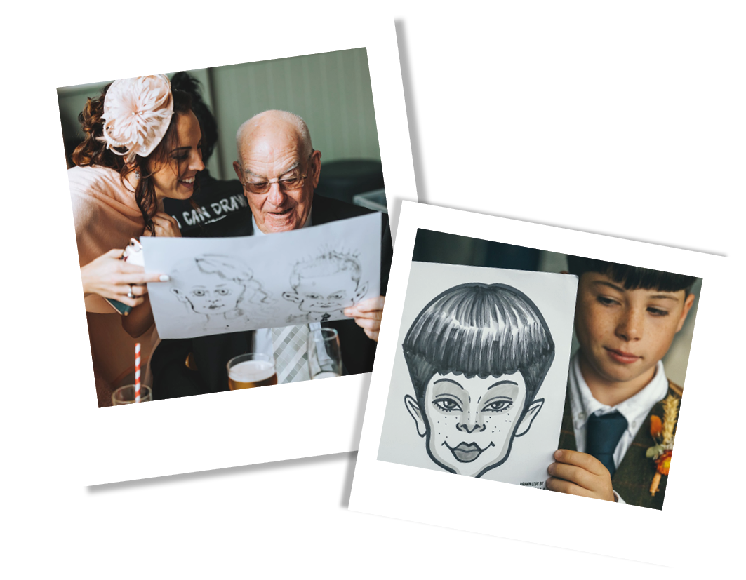 One photo shows a woman and an elderly man looking at a drawing of caricatures at a wedding. The other photo shows a young boy holding a caricature drawing of himself.