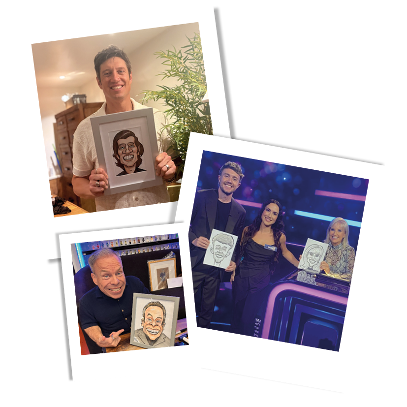 3 photos of celebrities holding caricature portraits they received, taken in various indoor settings with colorful lighting and backgrounds.