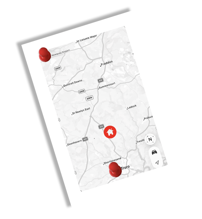 Mobile map app showing a route with red pins at Newquay Airport and Truro Train Station, with a house icon near the centre.