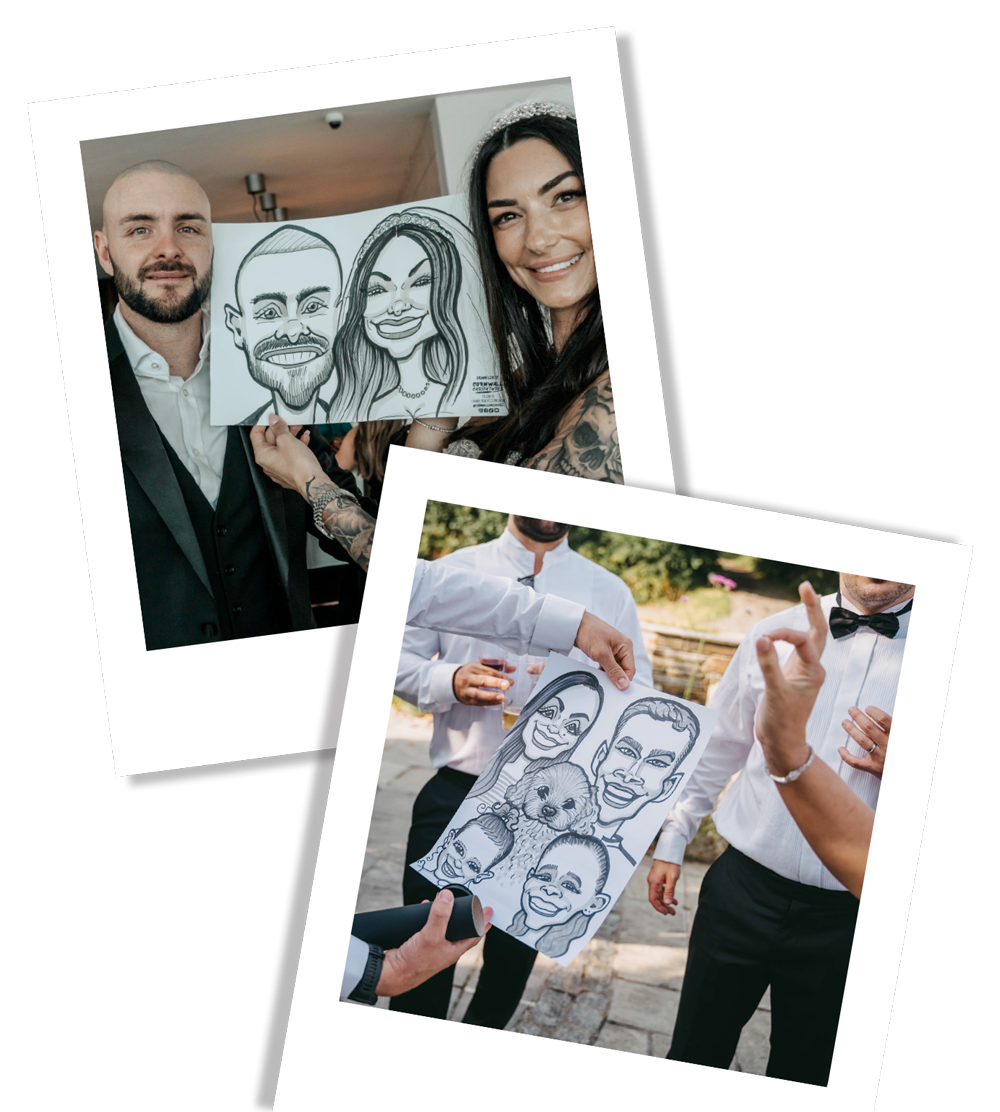 The first photo features a woman with long dark hair and a tiara, and a man with a beard, both smiling while holding a caricature of themselves. The second photo shows a group of people outdoors, holding a caricature of a woman, a man, a dog, and two children.