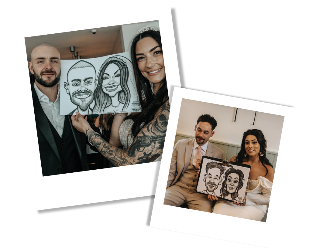 Two couples sit together at their wedding celebrations, each holding a caricature drawing of themselves, both drawn by the same artist, Cassie Kemp.
