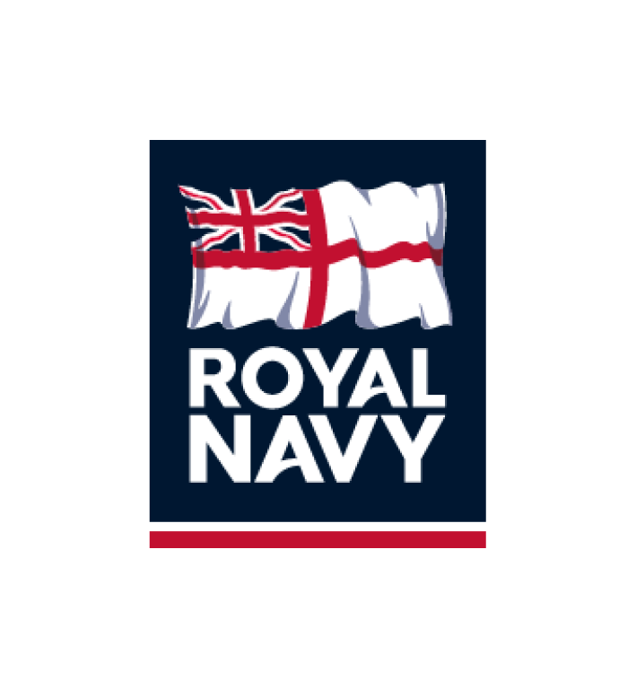 A logo of the Royal Navy featuring a stylized Union Jack and St. George's Cross flag with the words 'Royal Navy' beneath in white text on a dark background.