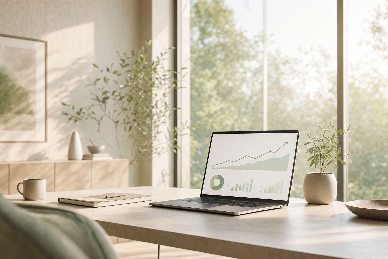 Modern workspace with a laptop displaying financial graphs, a potted plant, a notebook, and a cup on a marble desk, with a large window and indoor plants in the background.