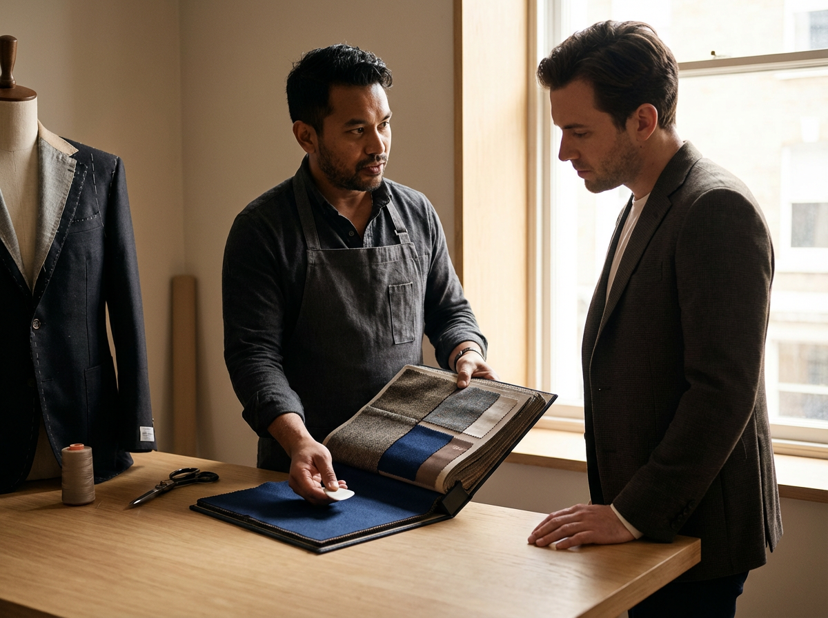 A man in a gray blazer and white shirt is discussing fabric samples with another man in a dark apron inside a room with a window. A mannequin wearing a partially finished suit and sewing tools are visible on a wooden table.