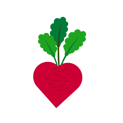 Illustration of a beet with green leaves.