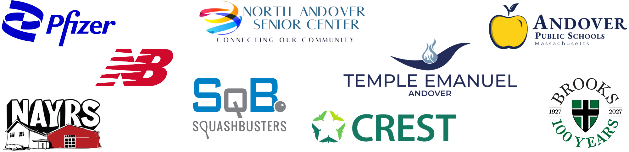 Collection of logos including Pfizer, North Andover Senior Center, Andover Public Schools, New Balance, Temple Emanuel, Squashbusters, CREST, and others.