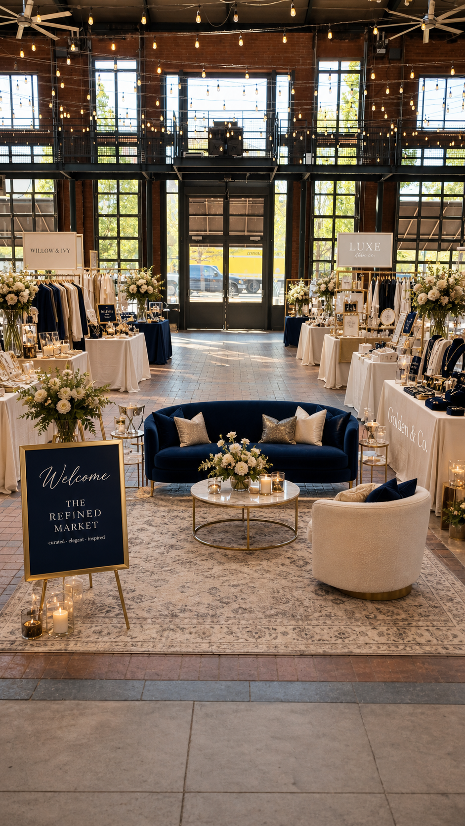 Indoor boutique market with tables displaying jewelry and clothing, decorated with flowers and candles, in a spacious industrial-style venue with string lights and large windows.
