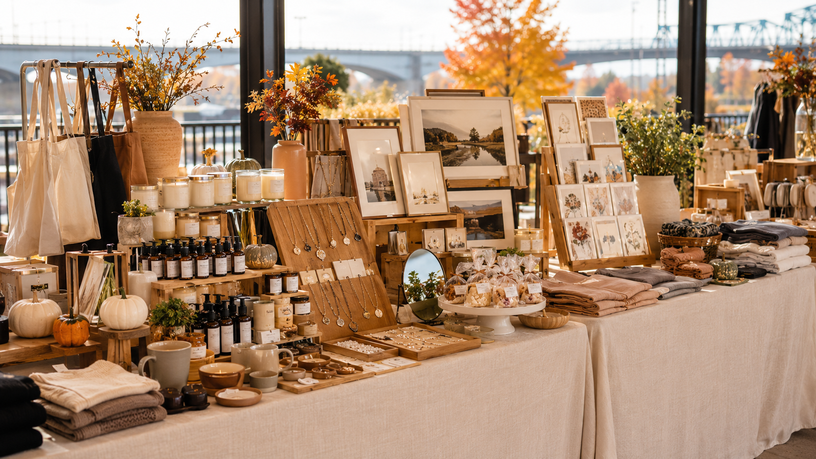 A display table with various home decor, jewelry, candles, artwork, ceramics, and clothing items, set against a window with autumn trees and a bridge in the background.