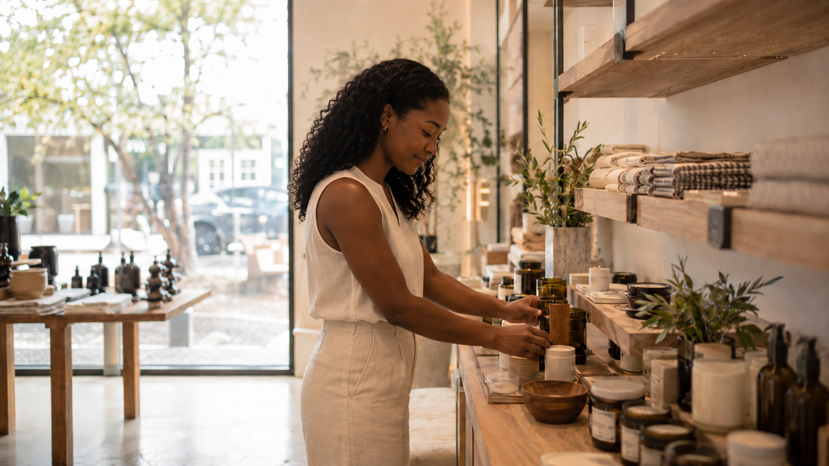 A woman with curly black hair wearing a sleeveless beige top and matching skirt shopping for skincare products inside a boutique store with natural light, wooden shelves, and various bottles, jars, and plants on display.