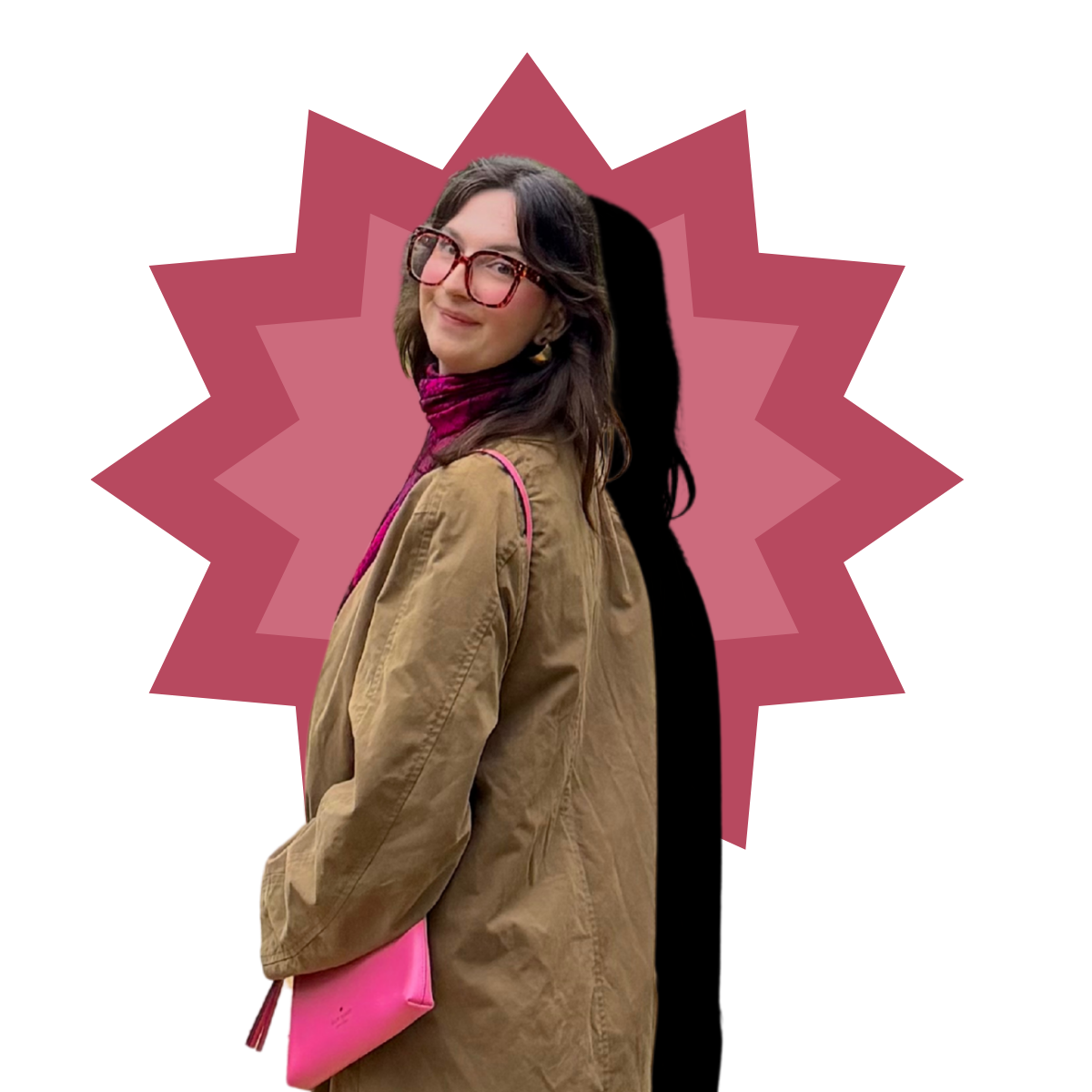 A young woman with brown hair, red glasses, and a beige coat, holding a bright pink clutch purse, standing in front of a pink starburst graphic background.