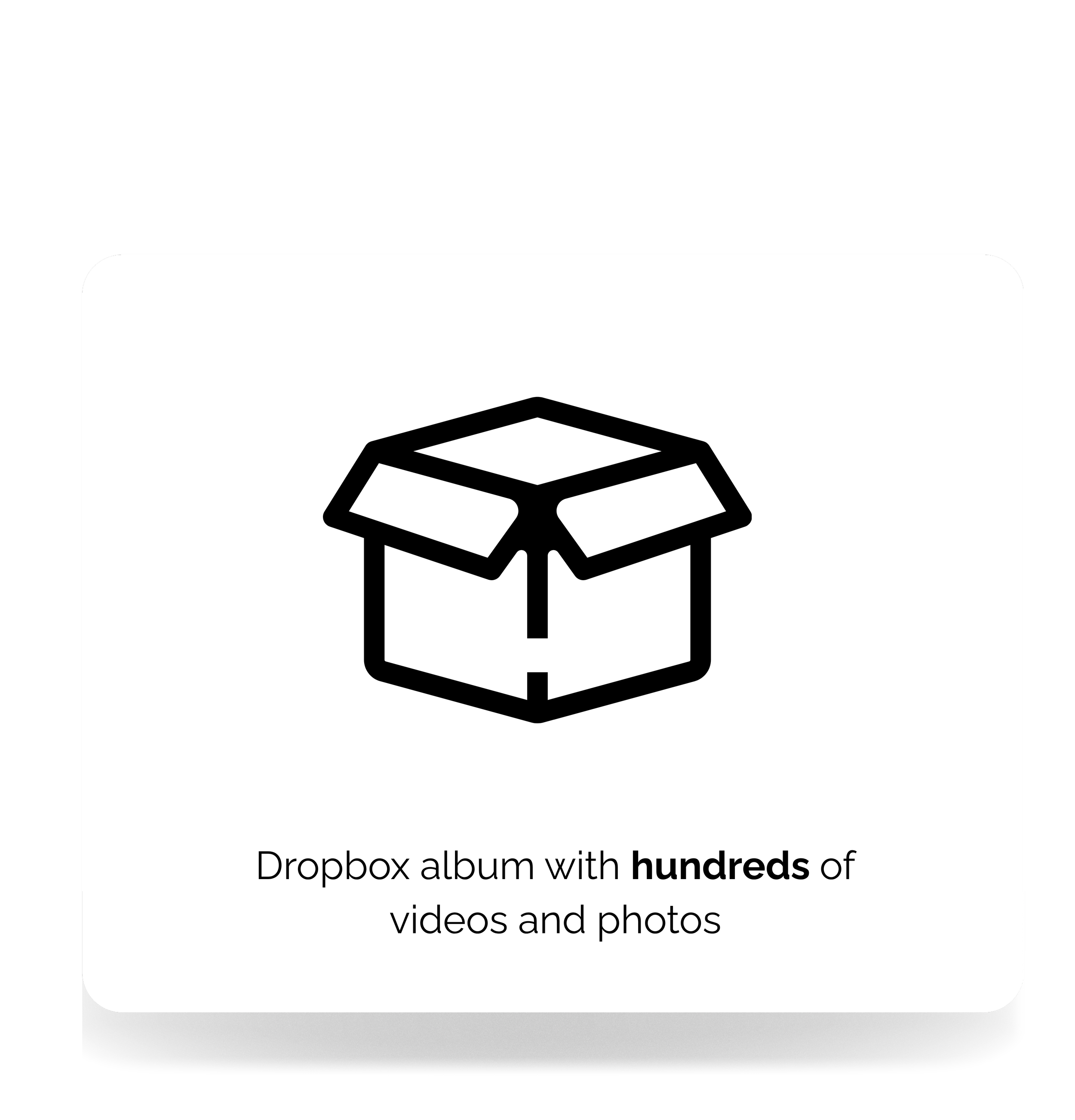 A black and white illustration of an open cardboard box with a lid, with text indicating it is a Dropbox album containing hundreds of videos and photos.