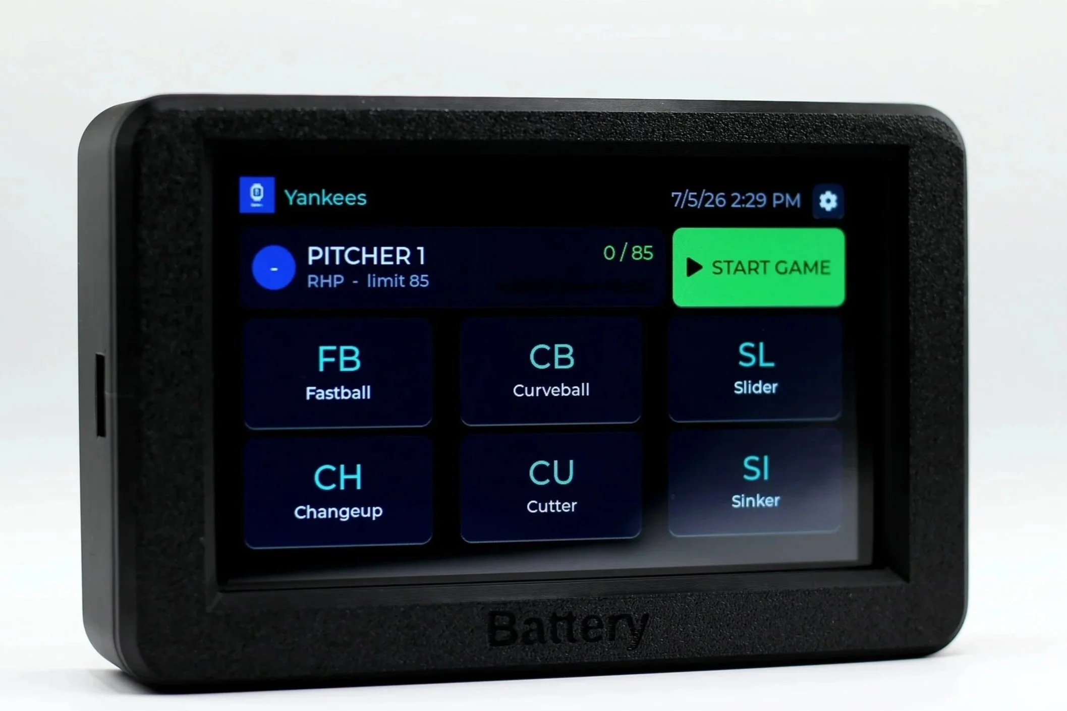 Close-up of a digital baseball scoreboard display showing Yankees game stats, with options like Fastball, Curveball, Slider, Changeup, Cutter, and Sinkers on a black-framed screen.