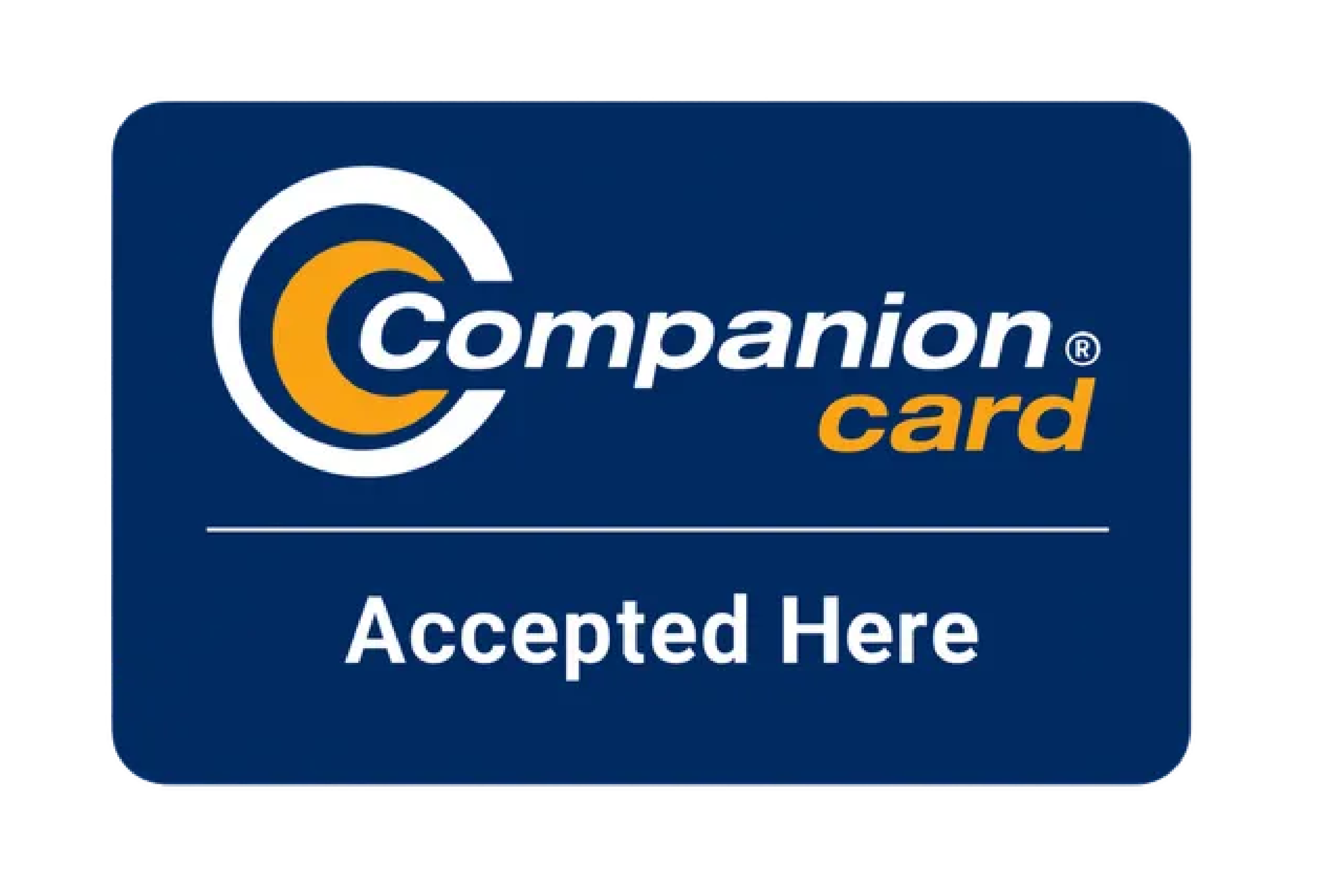 A blue sign indicating the acceptance of a companion card with the text 'Accepted Here'.