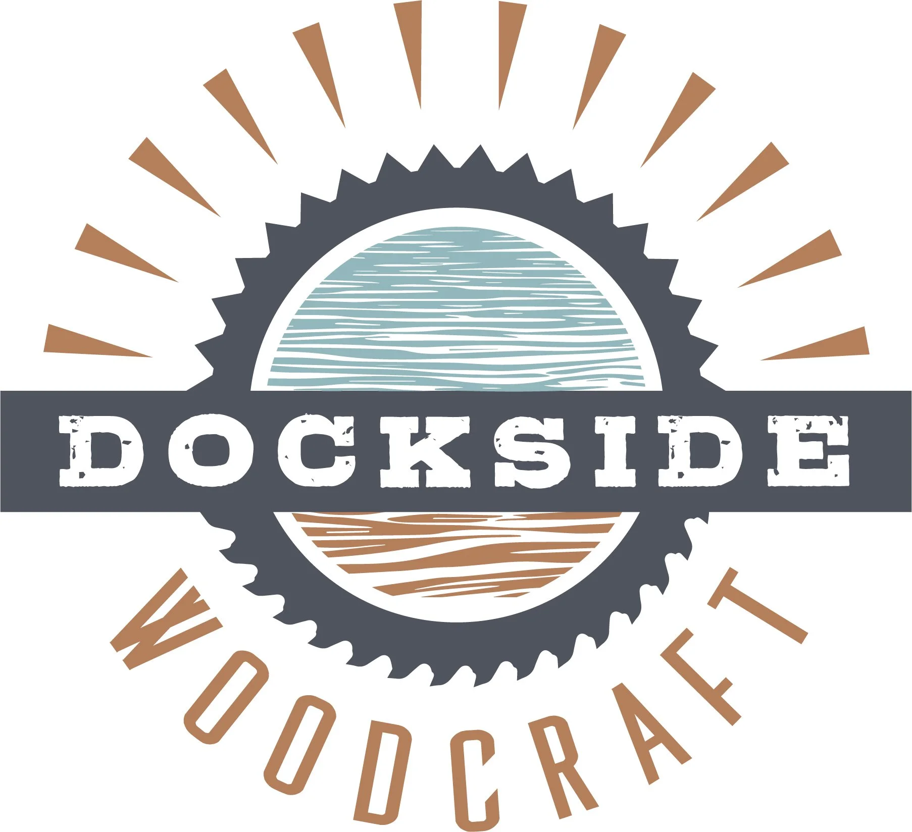 A circular logo with a gear-shaped border surrounds a stylized mountain range with a body of water, with the words "Dockside" written below.