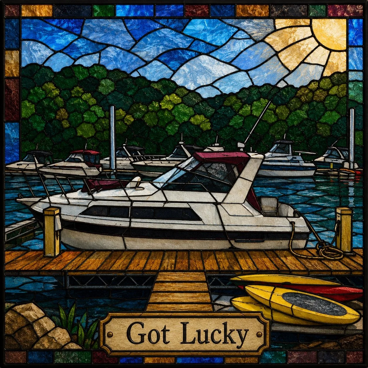 Stained glass window of a marina scene with boats docked on a wooden pier, green hills, blue sky, some clouds, and a sun in the background; a yellow kayak is also in the scene, with the text 'Got Lucky' at the bottom.