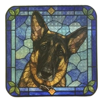 Stained glass window featuring a German Shepherd dog with a background of blue and purple geometric patterns.