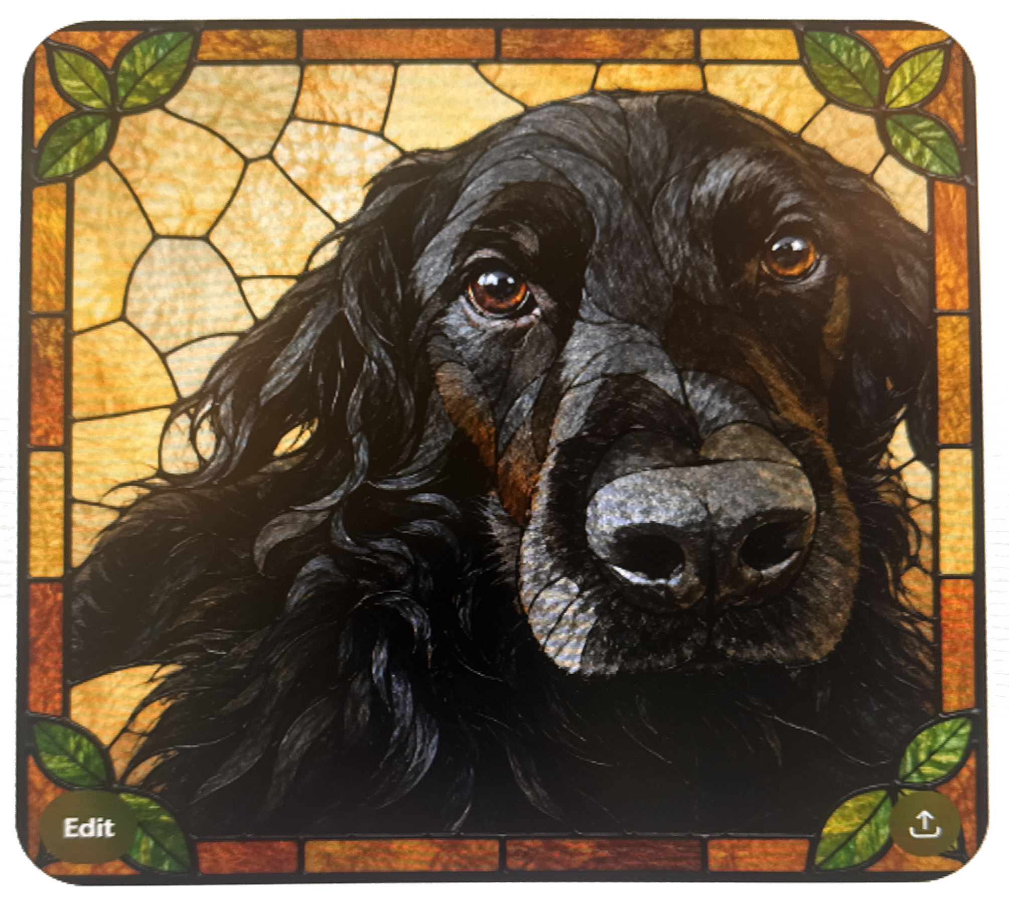 A stained glass window depicts a black dog with brown eyes, surrounded by a border of orange and green leaves.