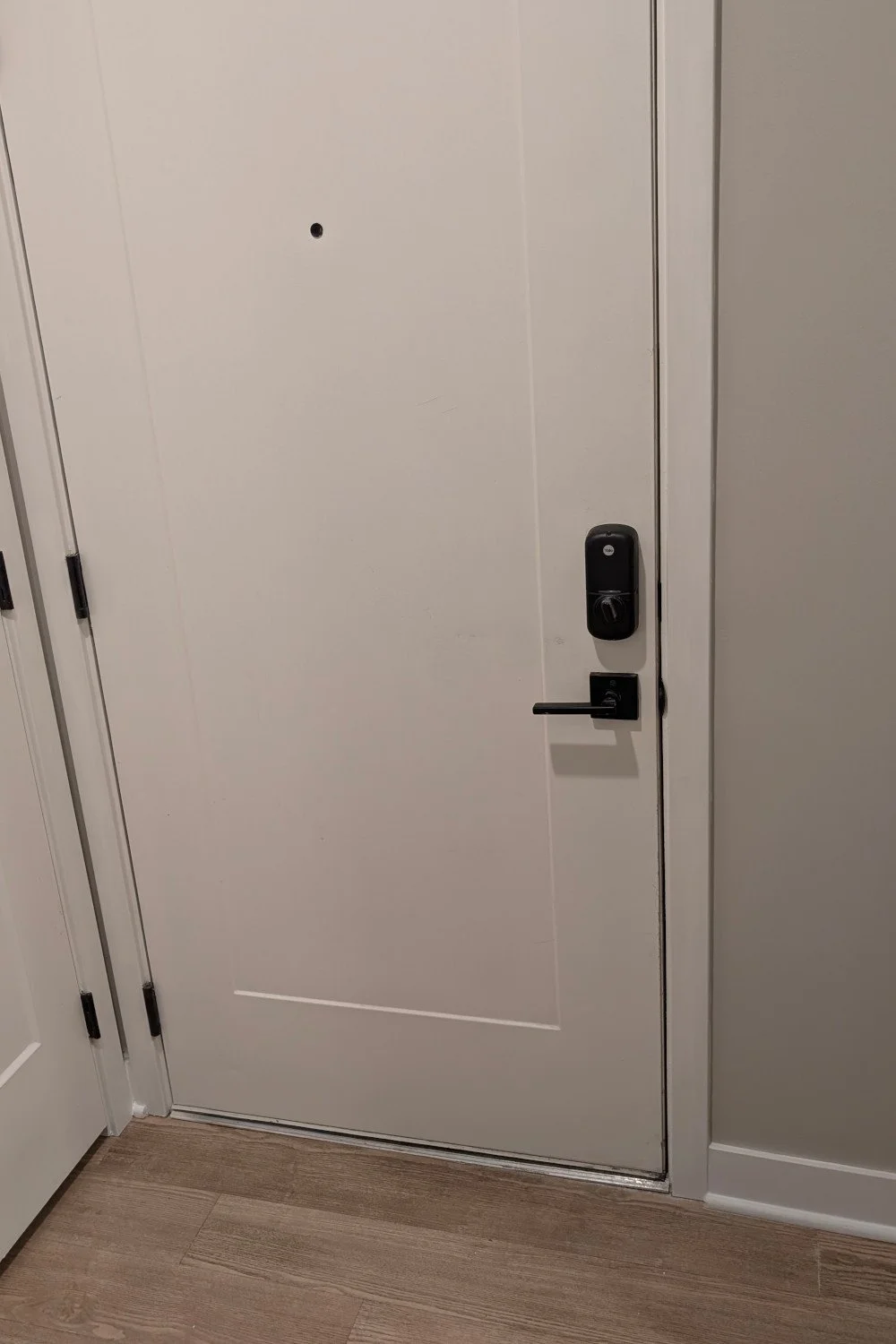 White door with electronic lock and handle, located in a room with light wood flooring.