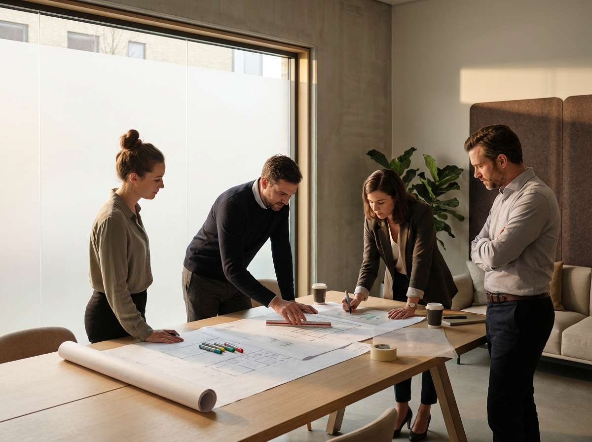 Four people, two women and two men, are gathered around a table with architectural plans, discussing a project.