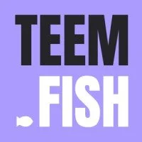 Text graphic with the words 'TEEM FISH' in bold black and white letters on a purple background.