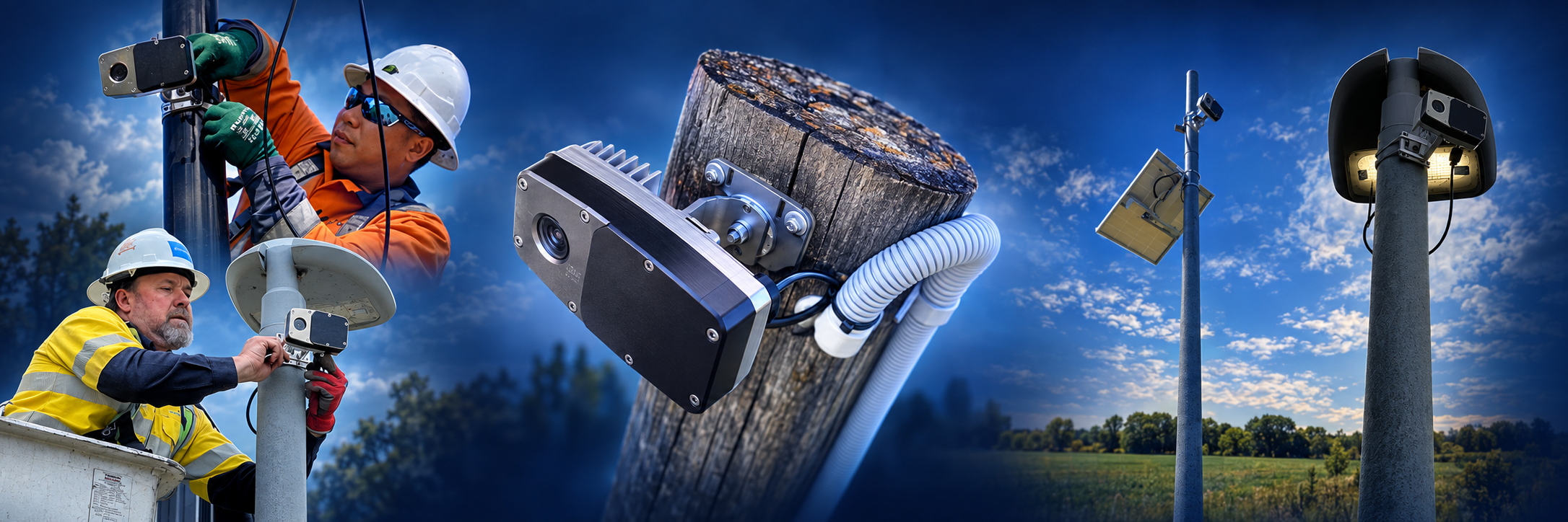 Fieldwork involving monitoring equipment on utility poles, with technicians installing sensors and devices during the daytime.