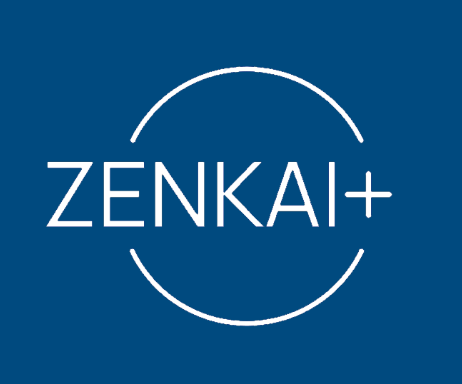 Zenkai+ logo with white text on a dark blue background, featuring a circular design around the text.