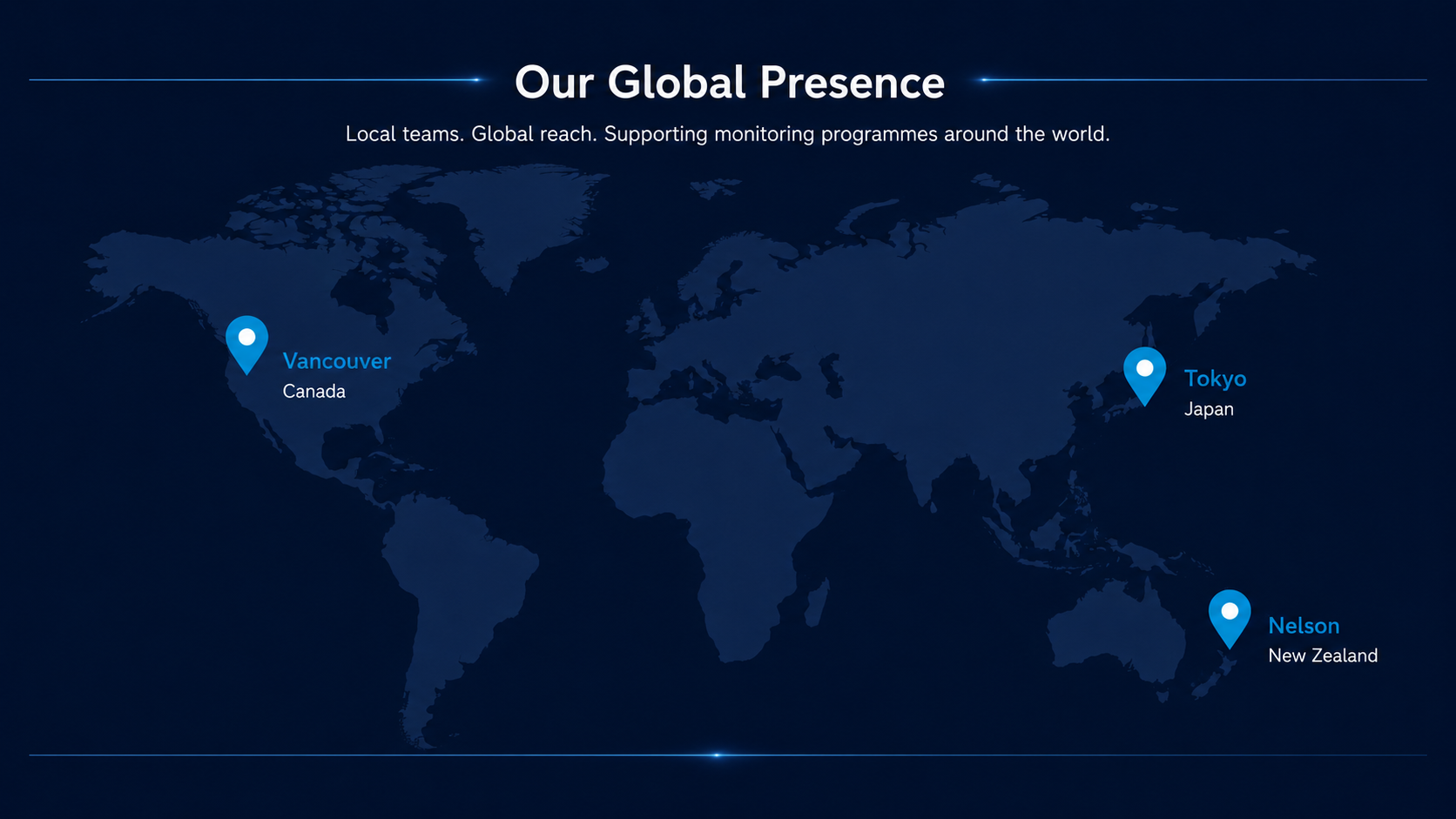 World map with three location markers labeled Vancouver in Canada, Tokyo in Japan, and Nelson in New Zealand, with the title 'Our Global Presence' and the subtitle 'Local teams. Global reach. Supporting monitoring programmes around the world.'