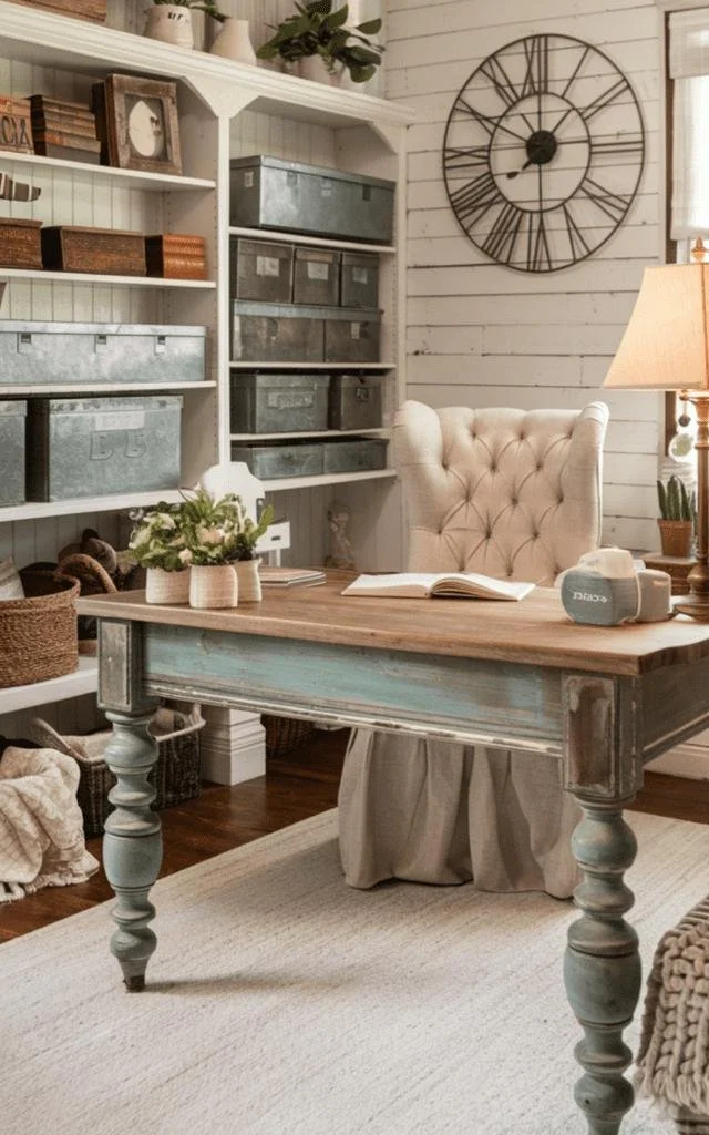 A cozy home office with a wooden desk, a tufted beige armchair, a large wall clock, white shelving with storage boxes, a table lamp, and decorative plants.