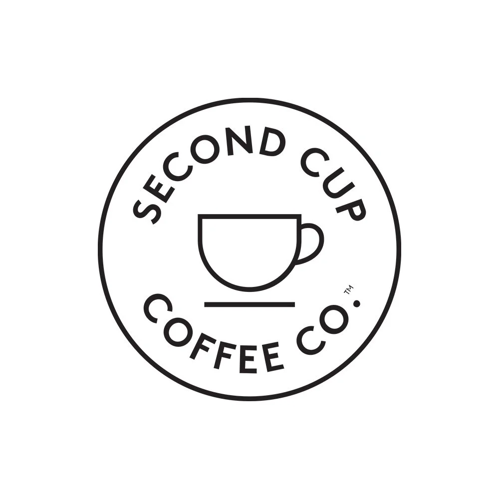 Logo for Second Cup Coffee Co. featuring a simple line drawing of a coffee mug centered inside a circle, with the company name written around the circle.