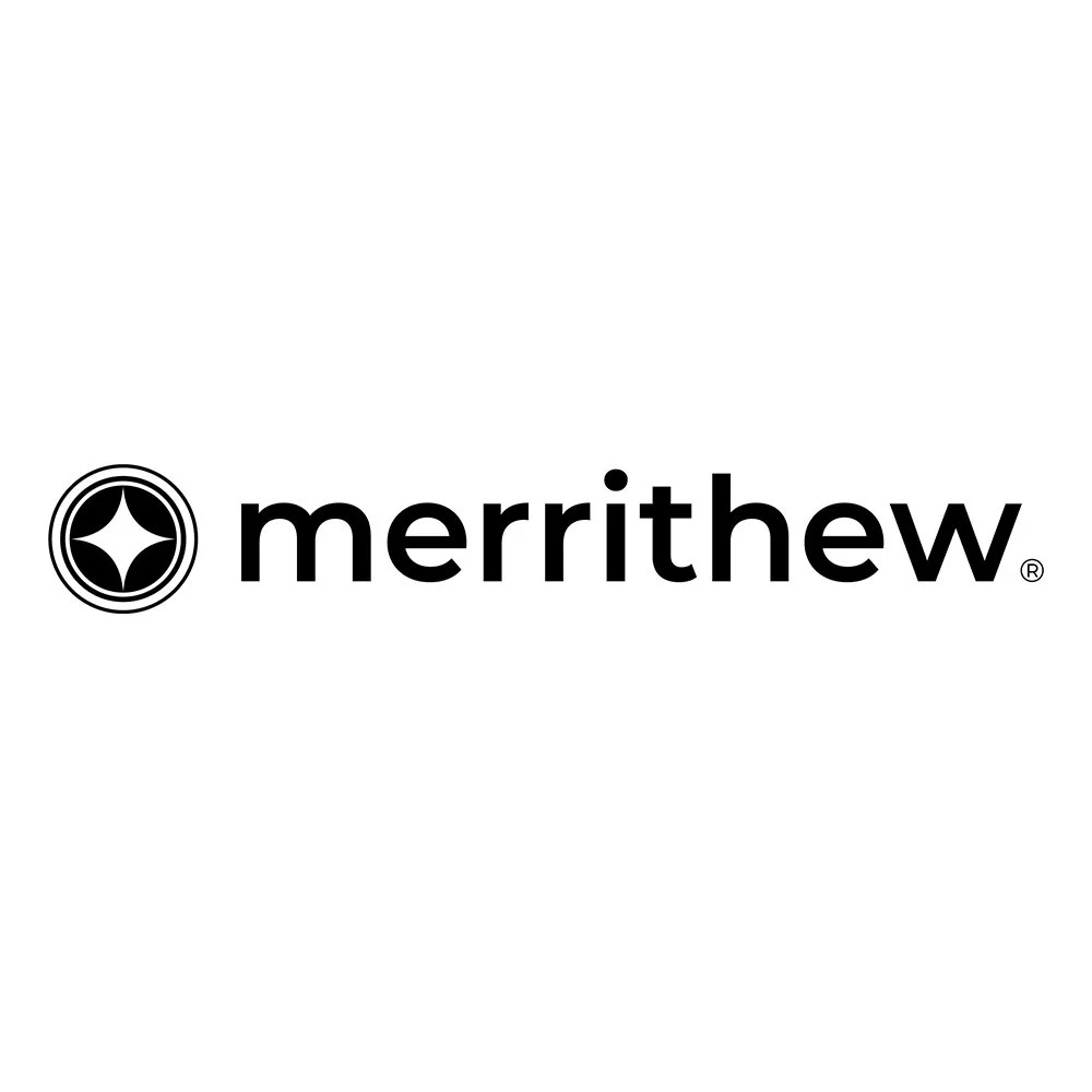 Black and white logo with a circular emblem featuring a four-pointed star inside, followed by the word "merrithew" in lowercase letters.