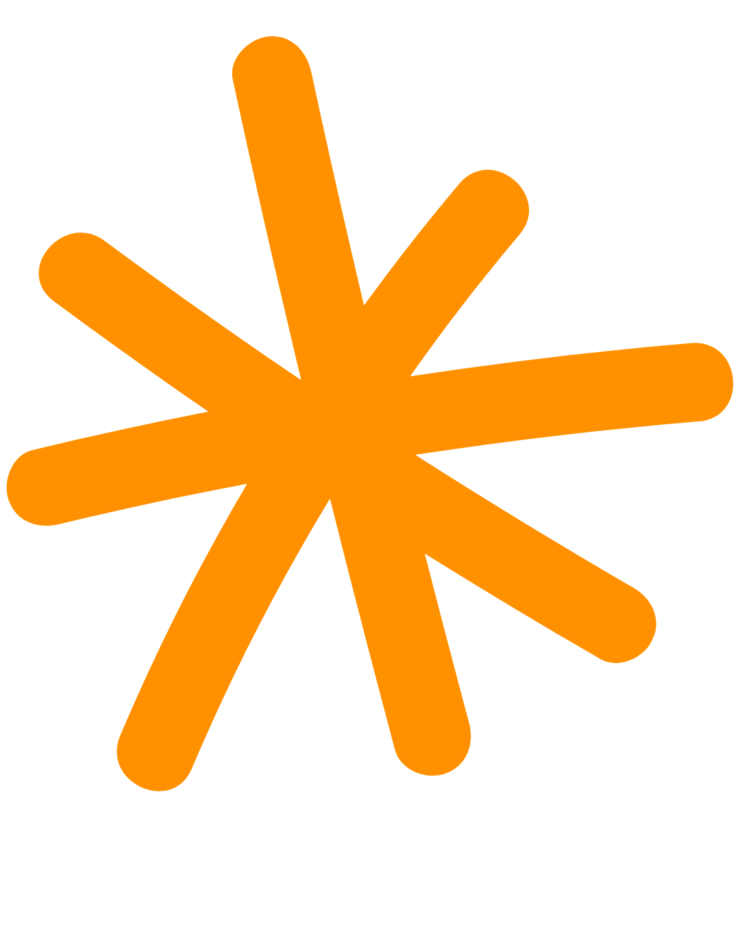 Orange starburst shape with elongated, rounded arms on a black background.
