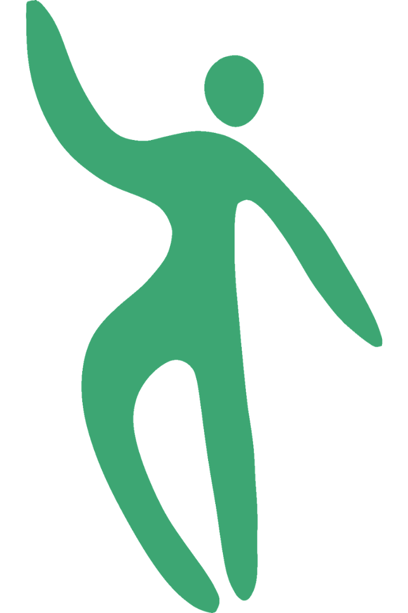 A stylized green human figure in a dynamic, dancing pose.