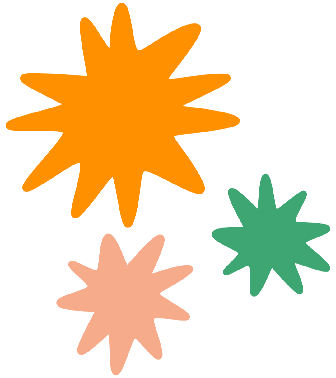 Three colorful starburst shapes in orange, pink, and green on a black background.