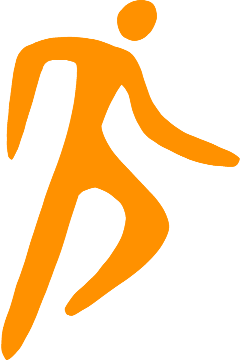 An orange stylized human figure in a walking pose on a black background.
