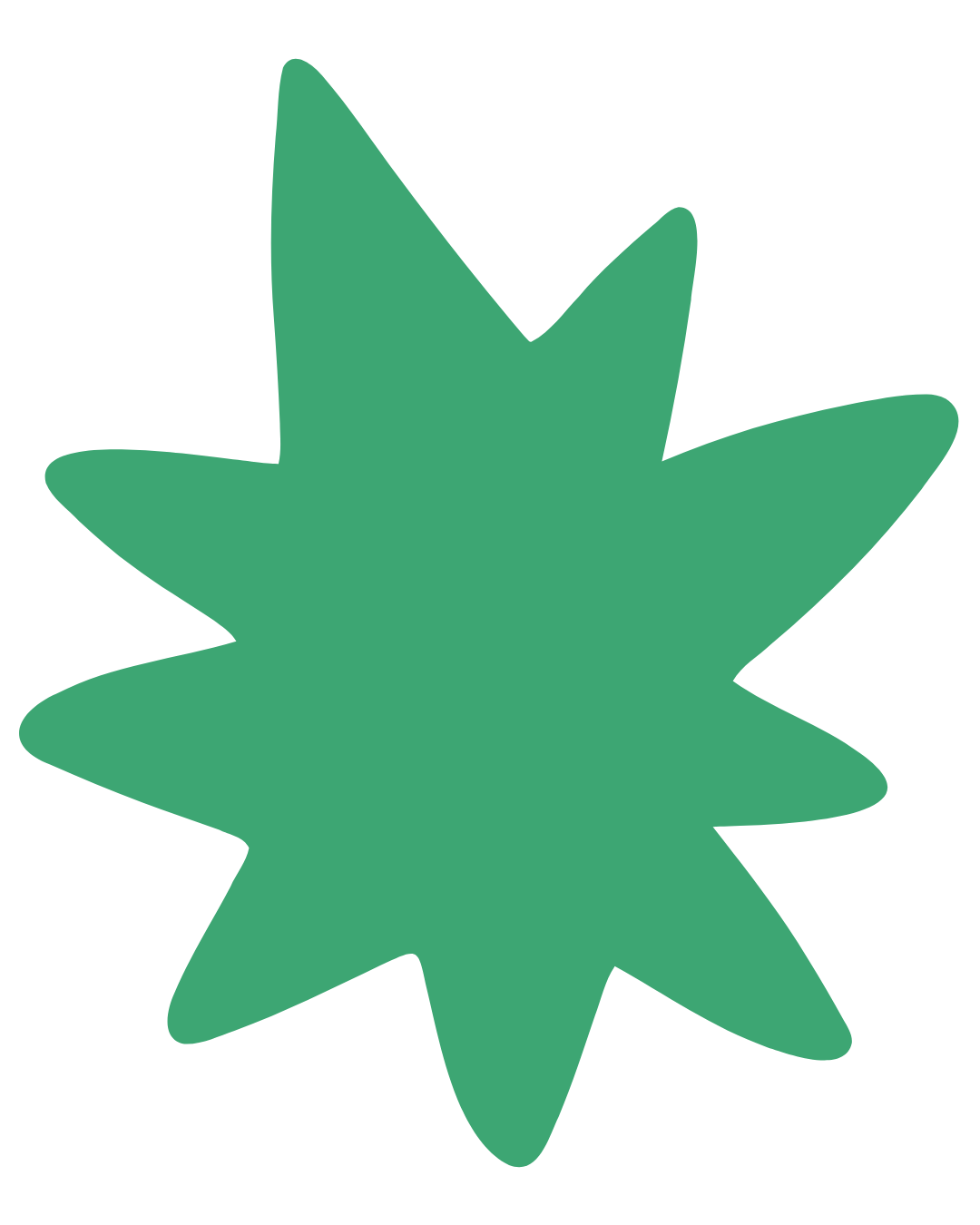 Green abstract starburst shape with multiple pointed edges.