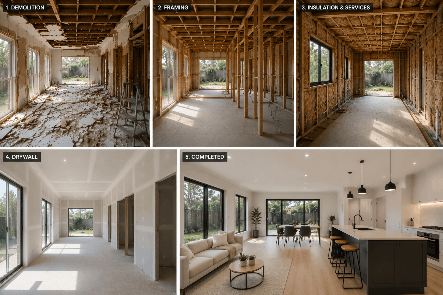 Sequence of photos showing the renovation process of a home's interior. First photo depicts demolition with debris on the floor and damaged ceiling. Second photo shows framing with exposed wooden studs and electrical wiring. Third photo displays insulation and services within the wall cavities. Fourth photo features drywall installation with finished walls and ceiling. Fifth photo reveals the completed interior with painted walls, furniture, and finished kitchen and living space.