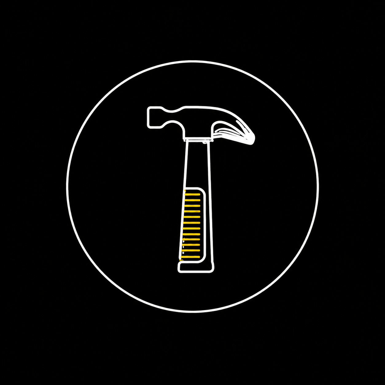 Neon light sign of a hammer and pickaxe with a soil measurement scale in the handle, outlined in white and yellow on a black background.