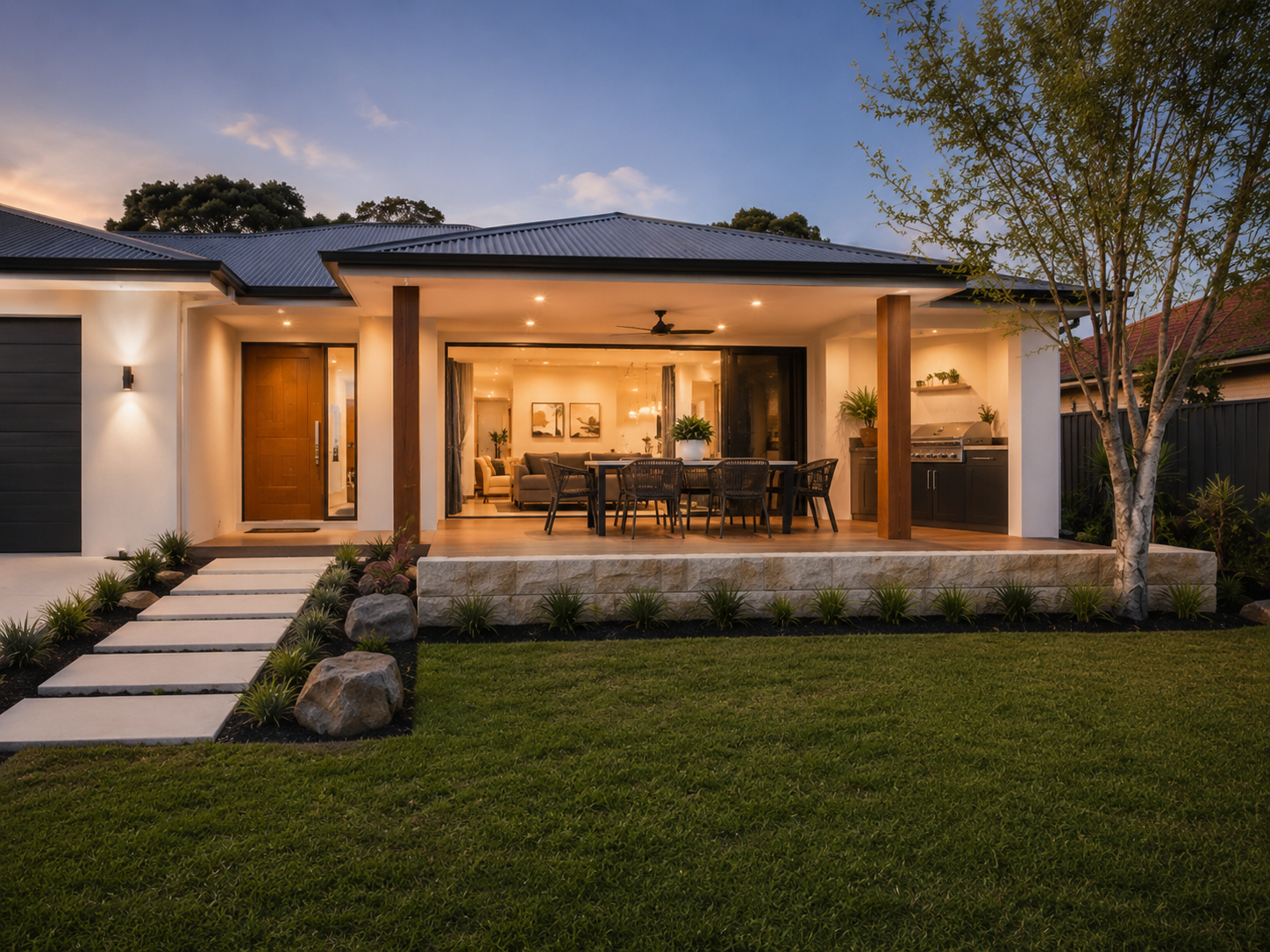 A modern house with a front porch illuminated at dusk, featuring a dining table with chairs, a built-in outdoor kitchen, a large window, and landscaping with a pathway and greenery.