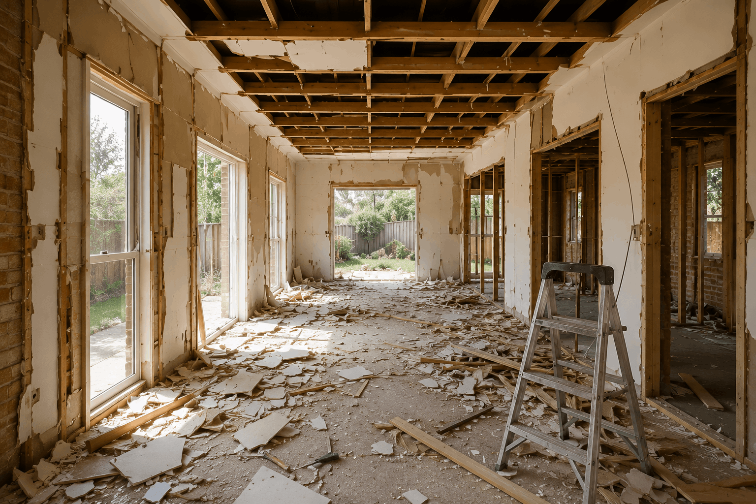 Interior of a house under renovation with exposed framing, peeling drywall, a ladder, and a view to the backyard outside.