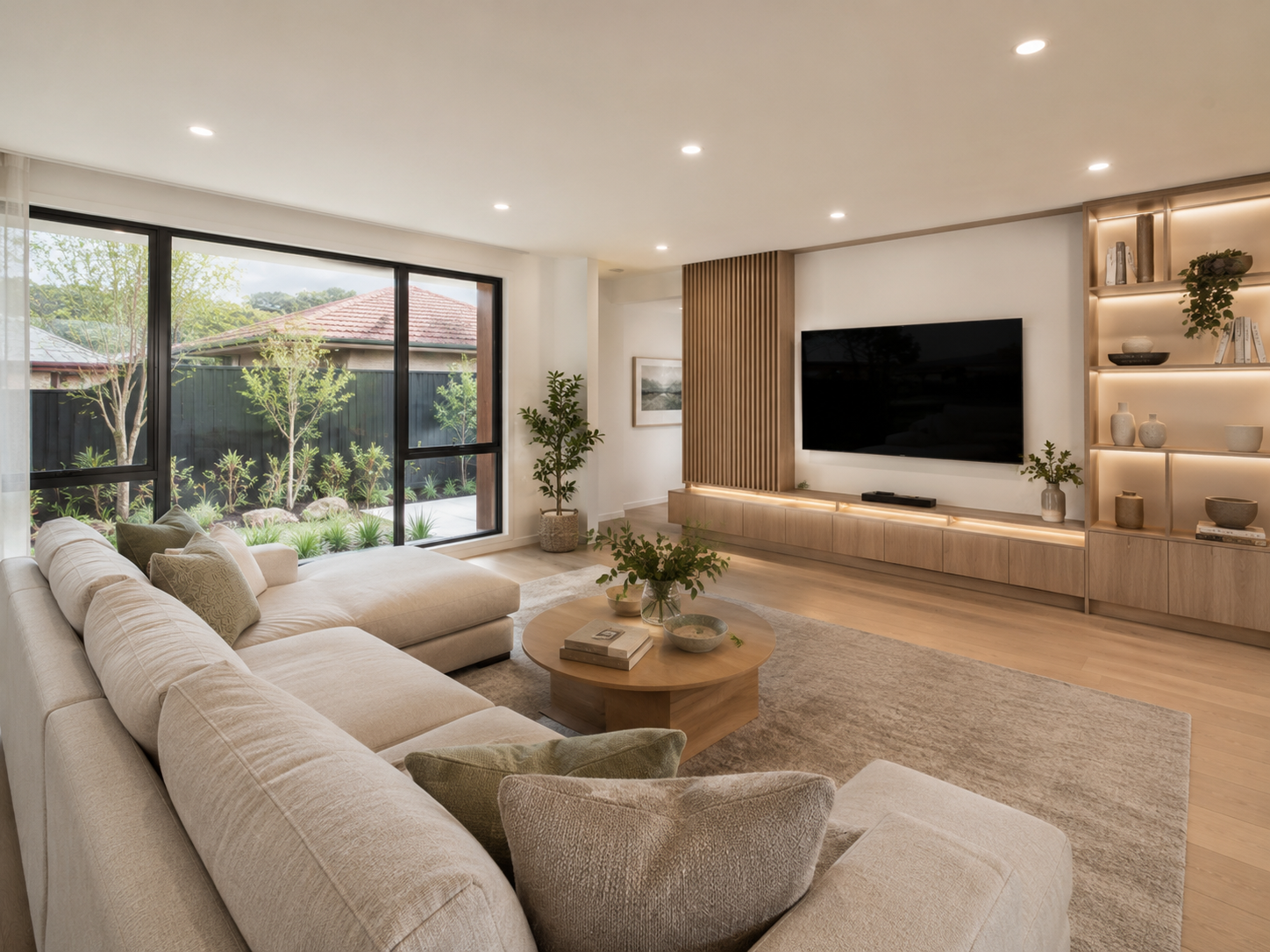 Modern living room with beige sectional sofa, round wooden coffee table, large window with view of a garden, built-in wooden media unit with a flat-screen TV, and decorative shelves with vases and books.
