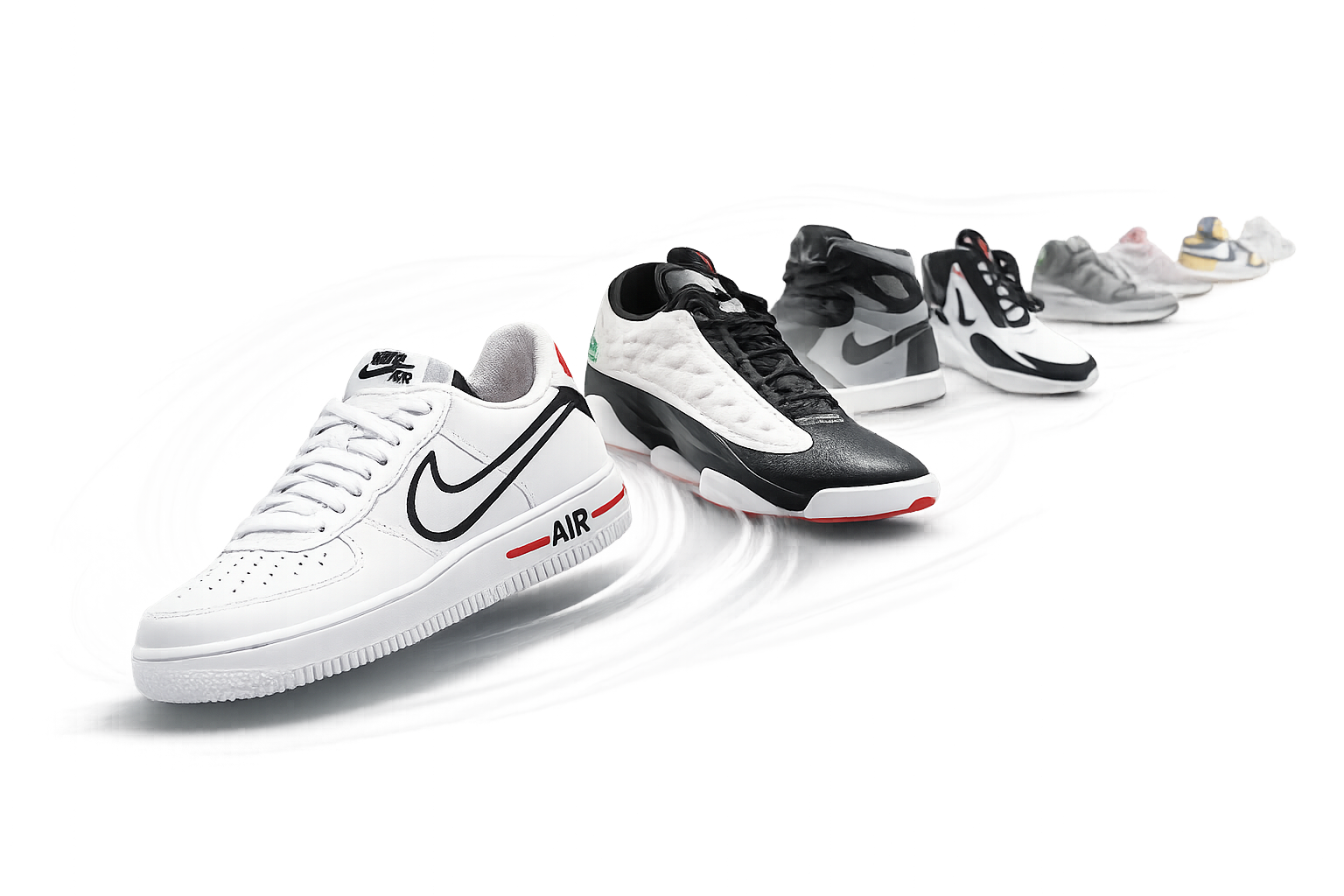 Lineup of Nike sneakers, including Air Force 1, Air Jordan 3, and Air Max models, on a display table.