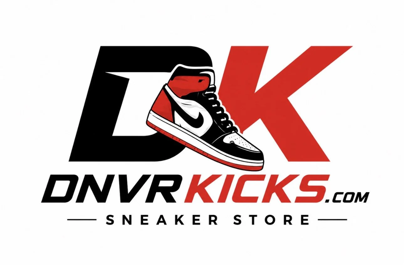 Logo for DNVRKICKS.com featuring a black, white, and red sneaker integrated into the letter 'K' with the words 'Sneaker Store' beneath.