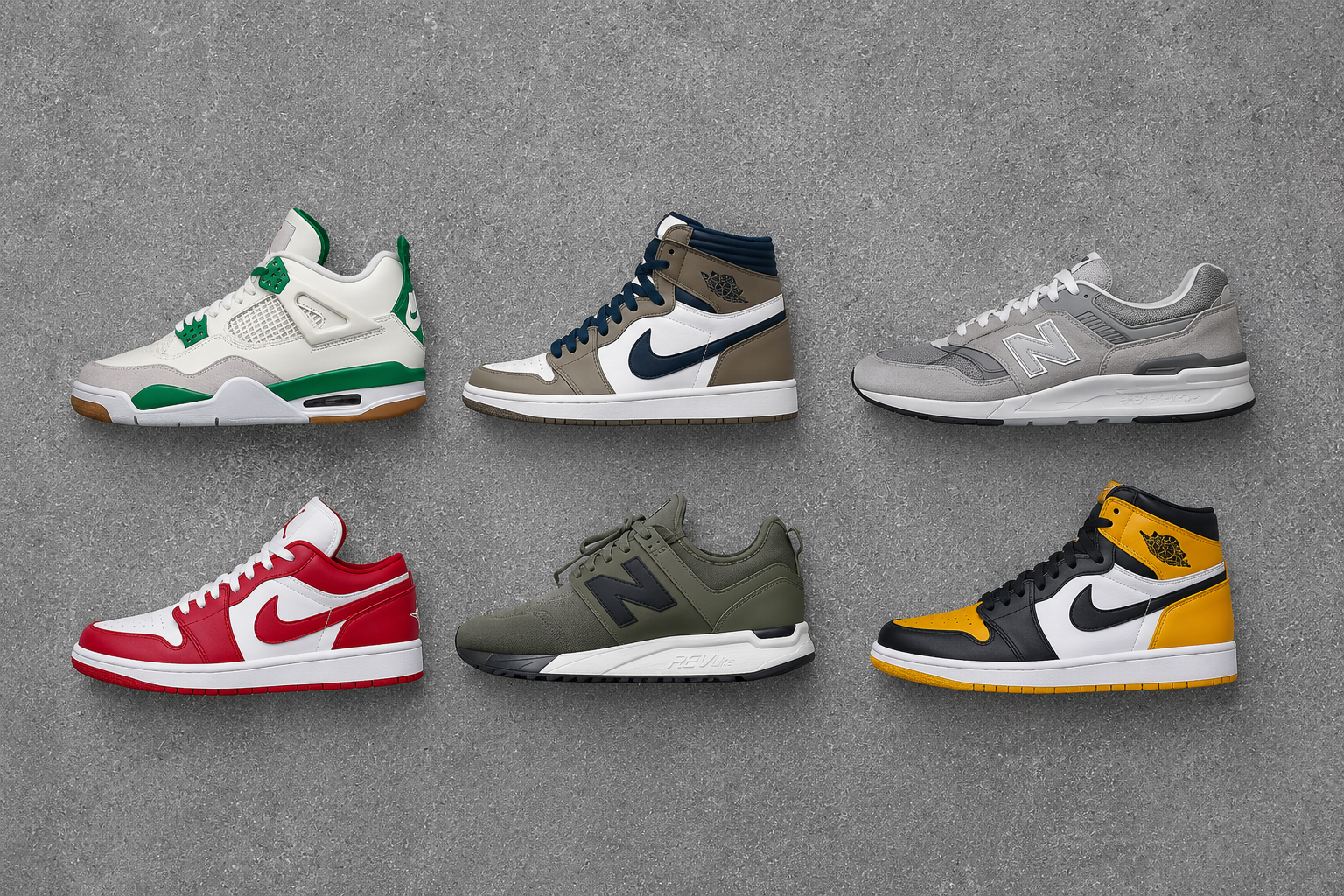 Six pairs of sneakers arranged in two rows on a gray surface. Top row, from left to right: white and green Nike Air Jordan 4, white and navy blue Nike Air Jordan 1, gray Nike New Balance 990v5. Bottom row, from left to right: red and white Nike Dunk Low, olive green New Balance 990v6, black and yellow Nike Air Jordan 1.