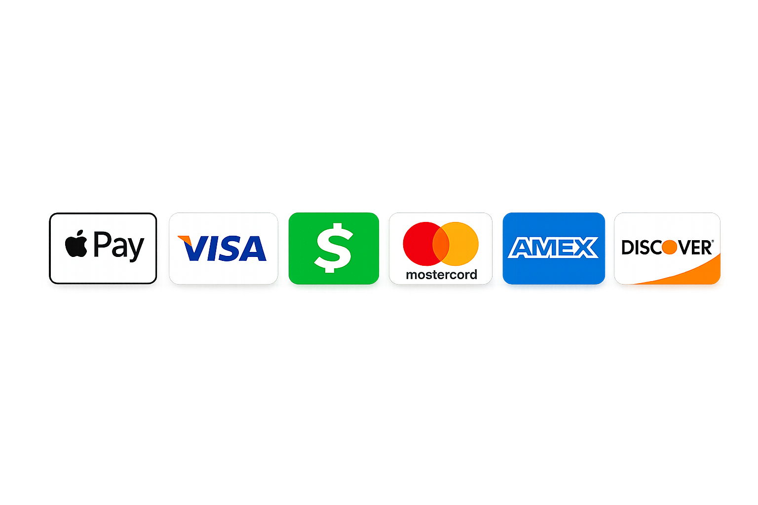 Contactless payment options including Apple Pay, VISA, dollar symbol, Mastercard, AMEX, and Discover logos.