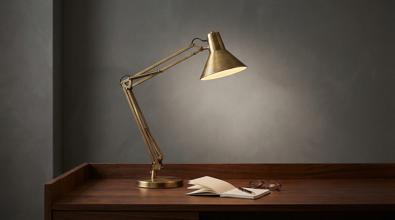A brass desk lamp illuminating a workspace with a notebook, pen, and glasses on a wooden surface.
