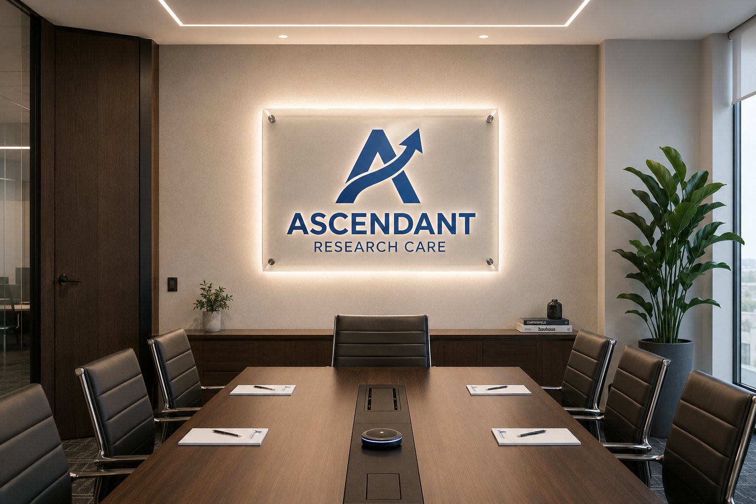Modern conference room with a large wooden table, black leather chairs, a wall with a lit logo sign reading 'Ascendant Research Care,' a large plant near the window, and a white notepad with a pen at each seat.