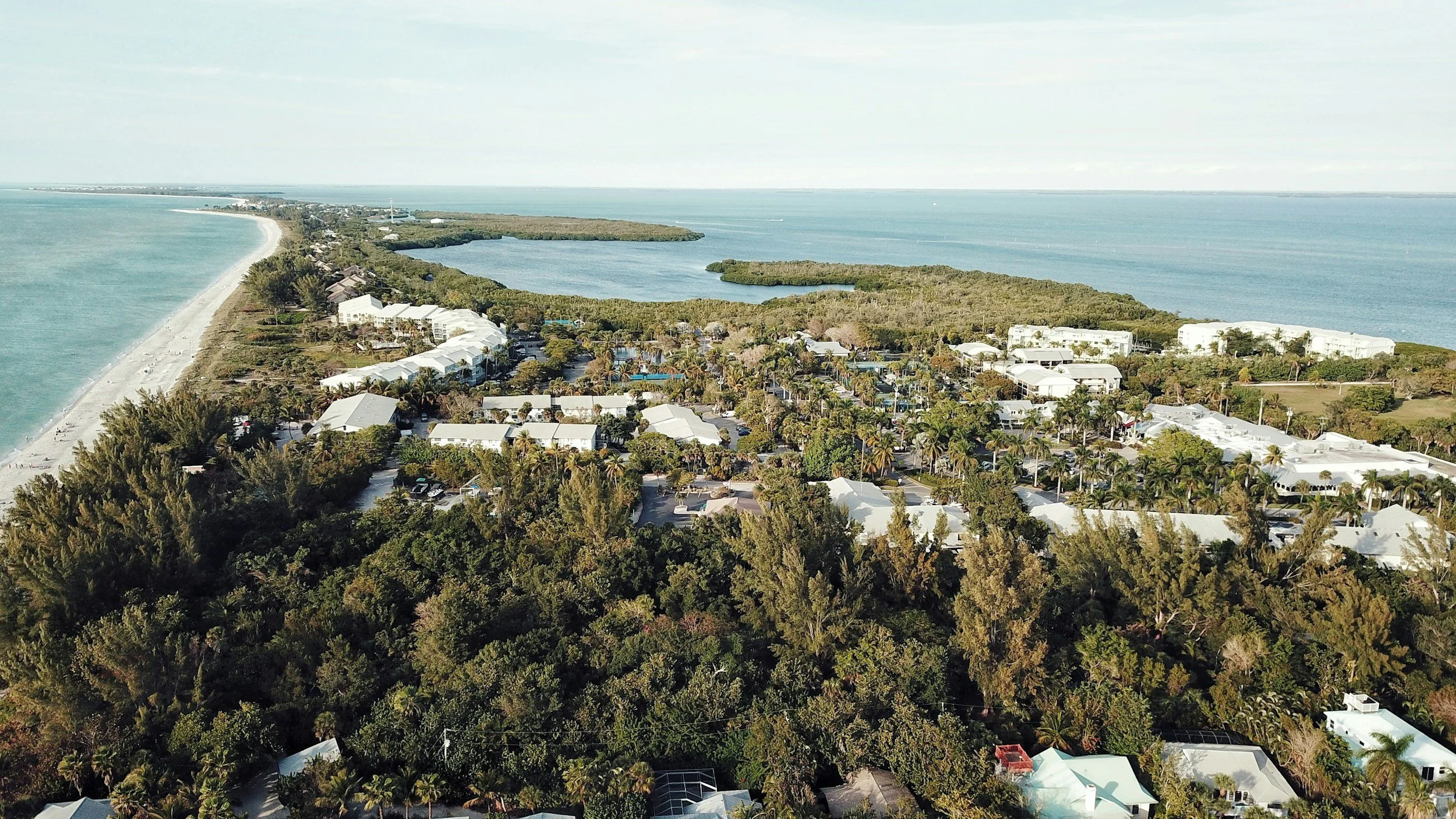 Aerial view of a coastal area showing a beach, ocean, residential buildings, and lush greenery with a body of water and land in the distance.