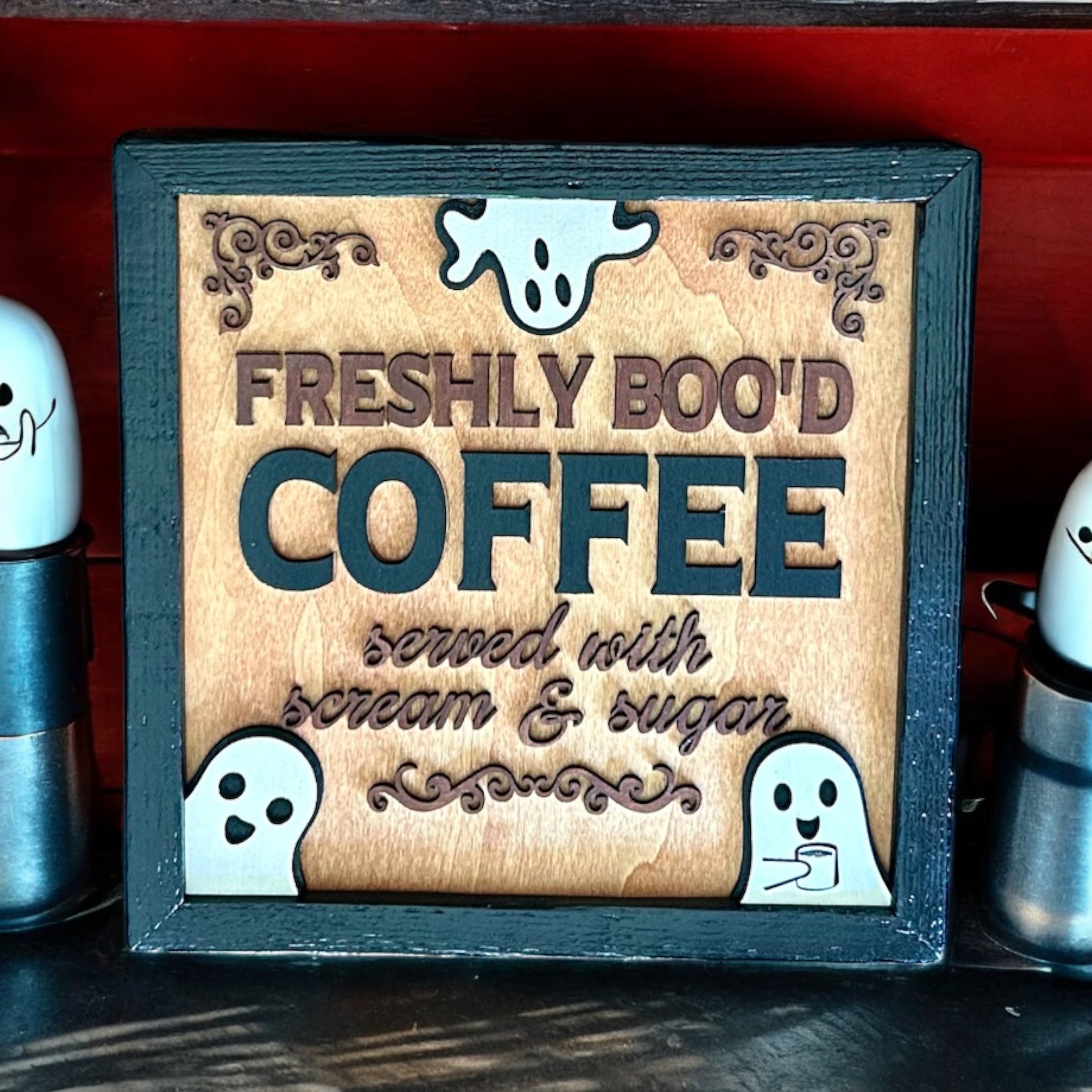 Stained, painted, and framed "Freshly Boo'd Coffee" sign - Halloween Ghosts