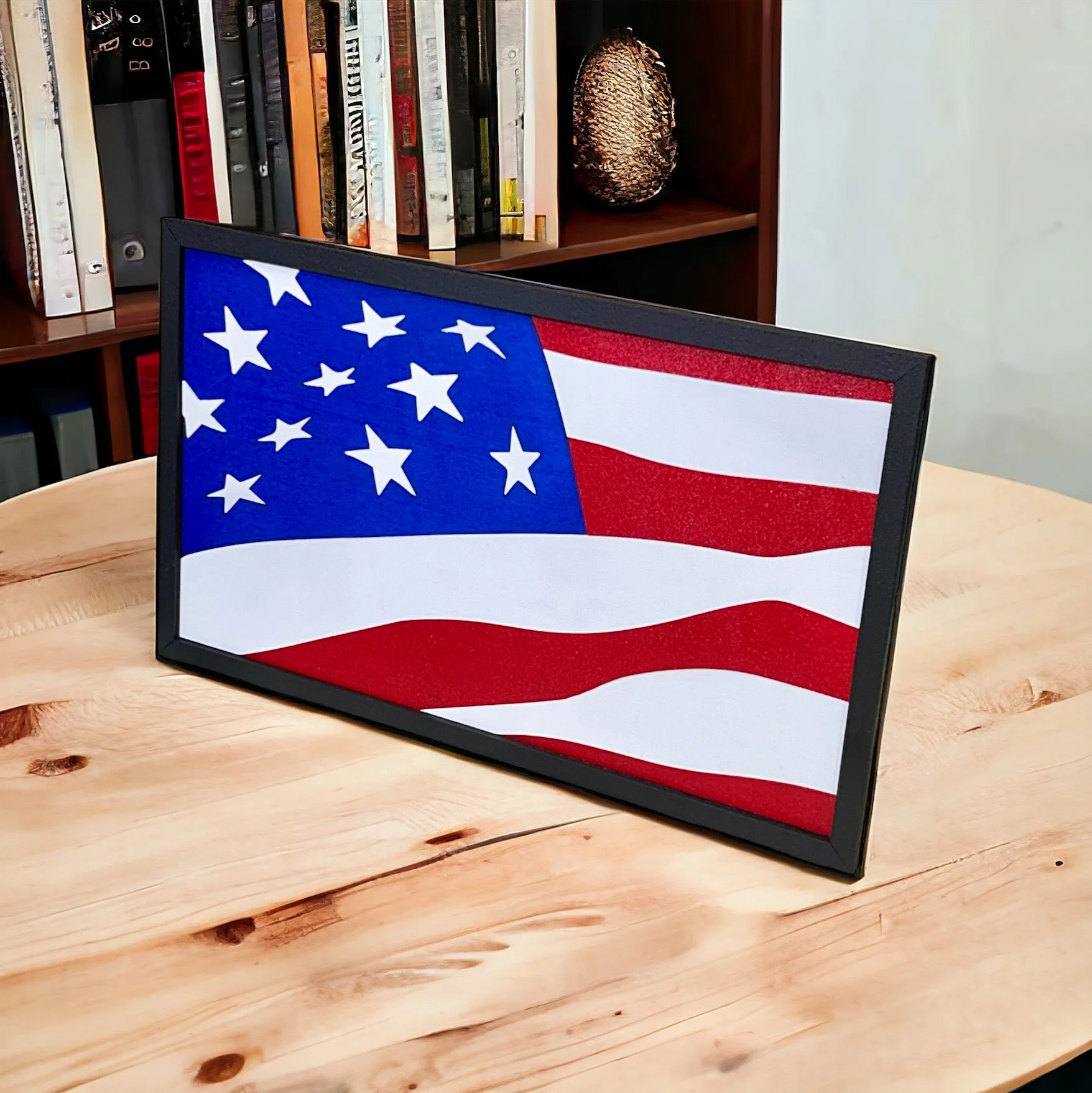 Wooden painted and framed waving American Flag